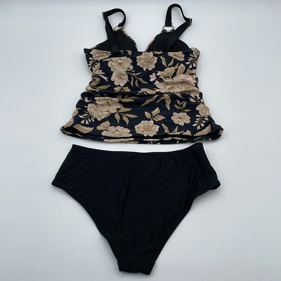 CUPSHE Floral Black Tankini Swimsuit V Neck Adjustable Strap Mid Rise - Picture 8 of 16